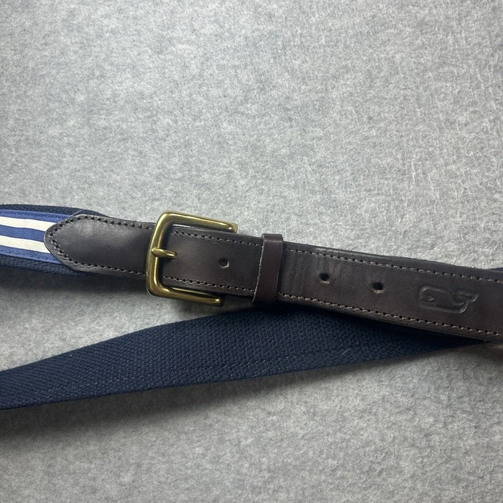 Vineyard Vines Belt Mens 38 Ribbon Canvas Navy Blue White Stripes Brass Buckle